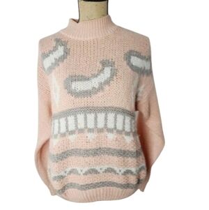 Vintage 80s Pastel Pink Geometric Mock Neck Knit Sweater